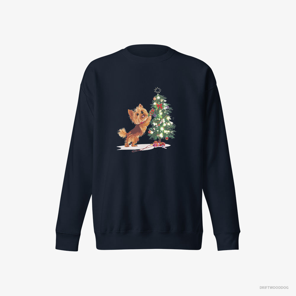 Yorkshire Terrier Sweatshirt – Women Navy Sweatshirt Eco-Friendly – Setting Up the Christmas Tree (on White Background)