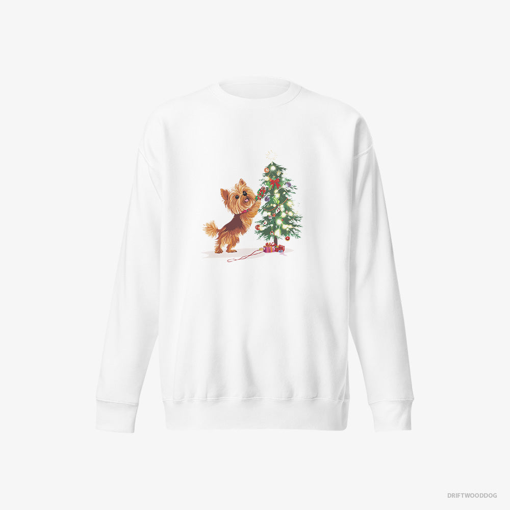 Yorkshire Terrier Sweatshirt – Men White Sweatshirt Eco-Friendly – Setting Up the Christmas Tree (on White Background)