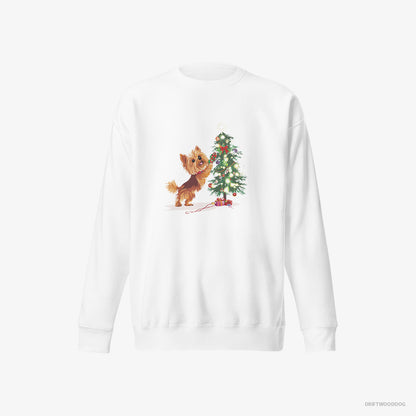 Yorkshire Terrier Setting Up the Christmas Tree White Sweatshirt