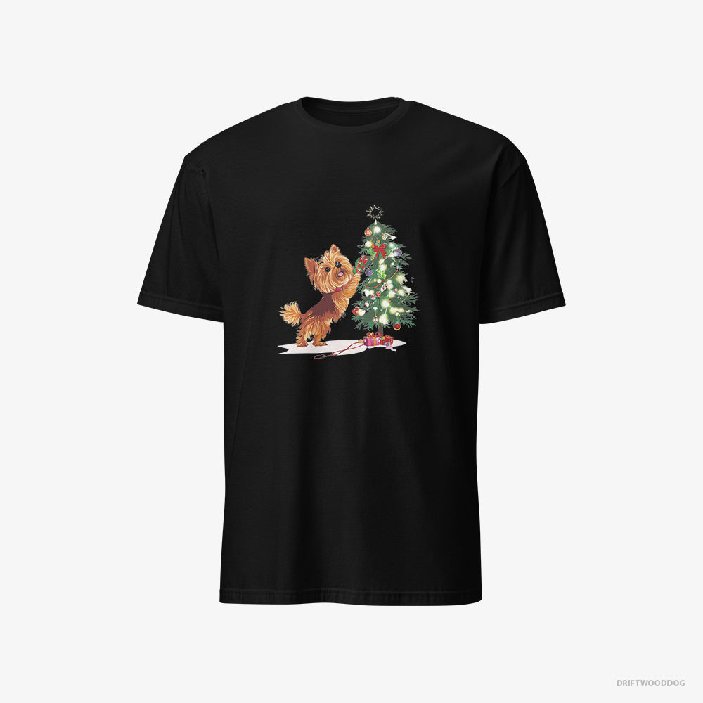 Yorkshire Terrier T-Shirt – Men Black T-Shirt Classic – Setting Up the Christmas Tree (on White Background)