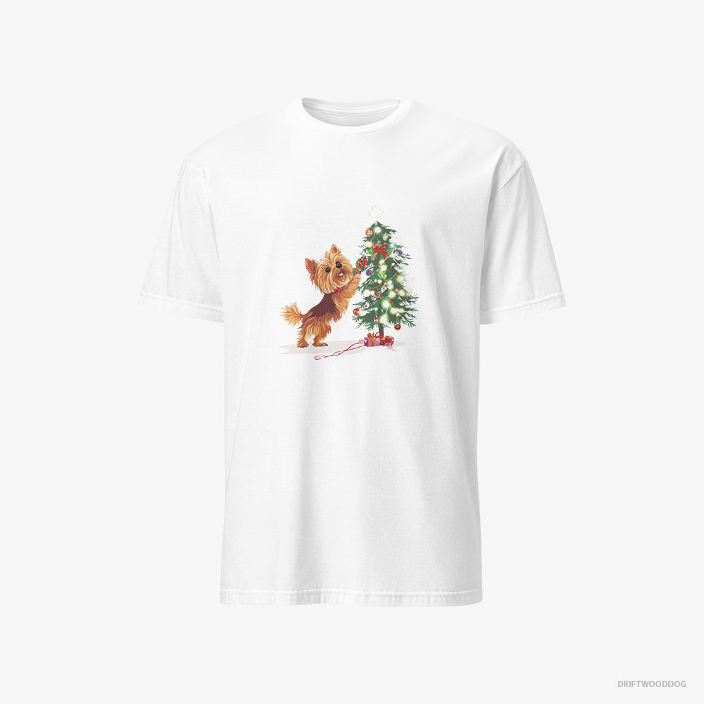 Yorkshire Terrier T-Shirt – Men White T-Shirt Classic – Setting Up the Christmas Tree (on White Background)