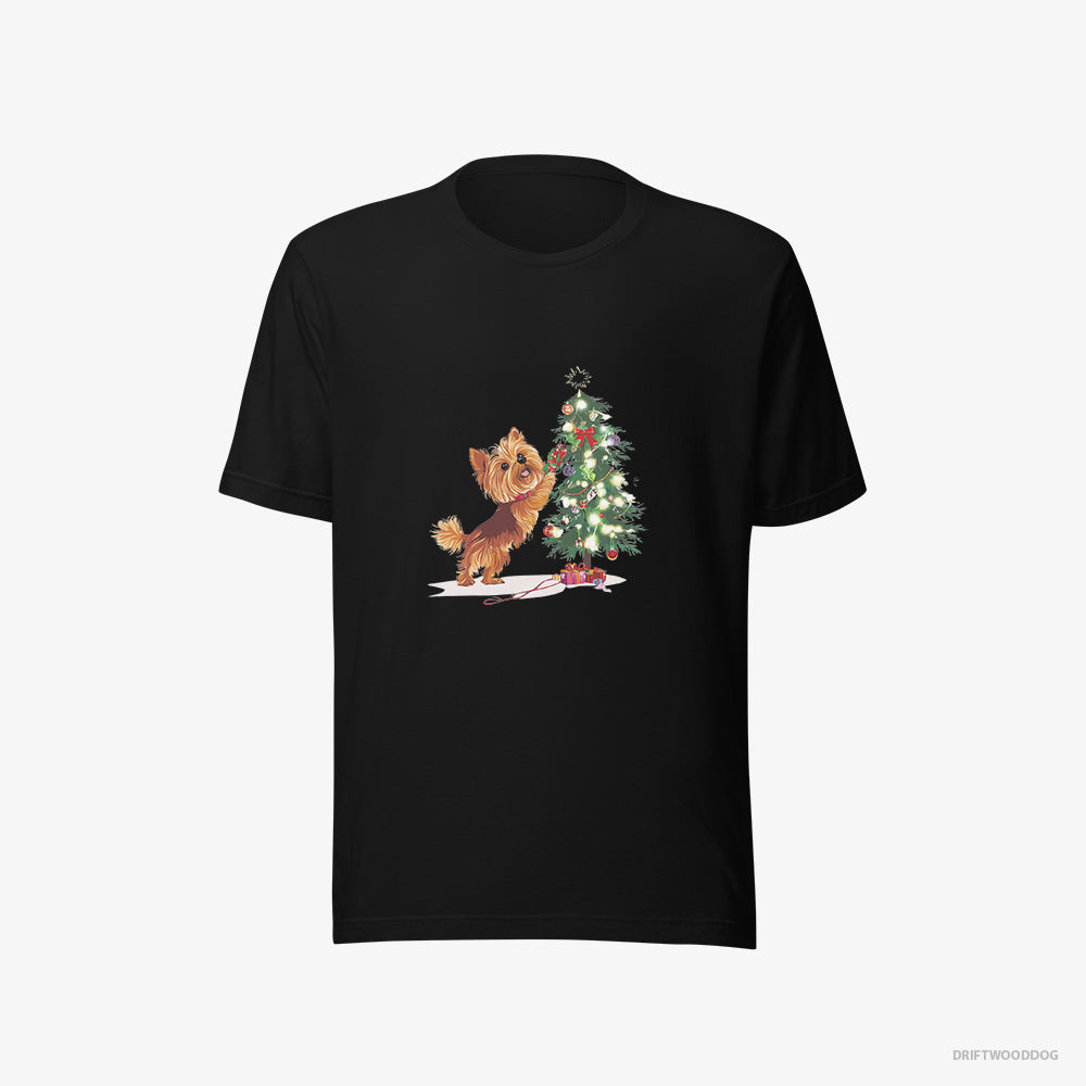 Yorkshire Terrier T-Shirt – Women Black T-Shirt Eco-Friendly – Setting Up the Christmas Tree (on White Background)