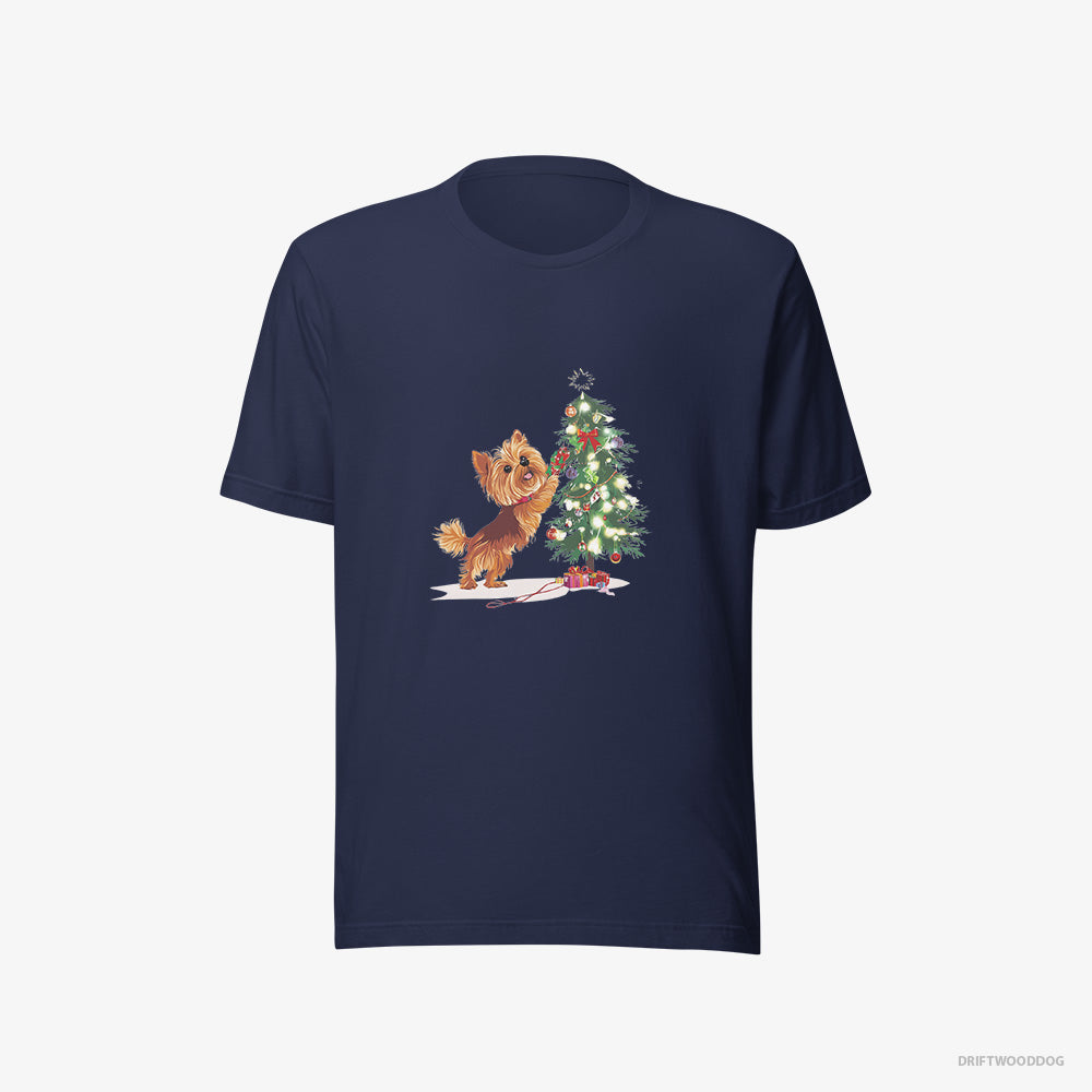 Yorkshire Terrier T-Shirt – Men Navy T-Shirt Eco-Friendly – Setting Up the Christmas Tree (on White Background)