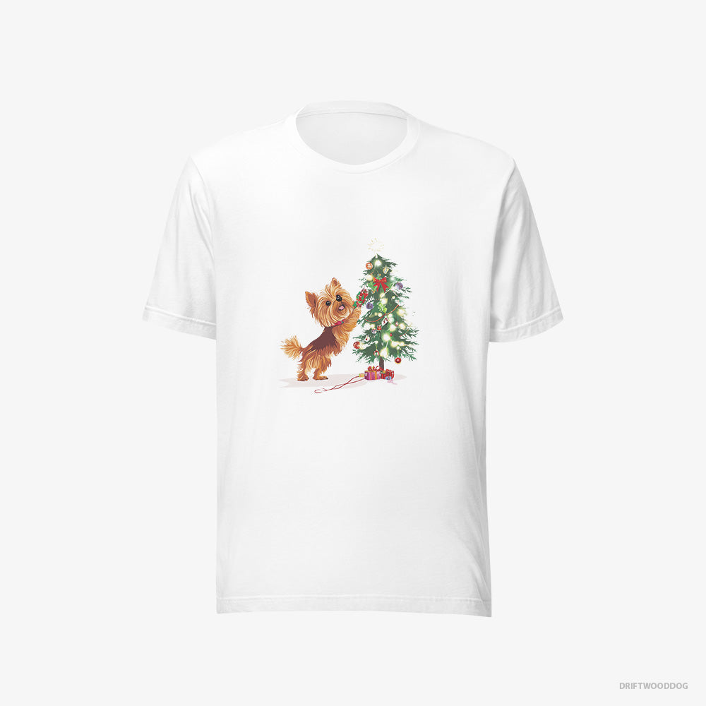 Yorkshire Terrier T-Shirt – Men White T-Shirt Eco-Friendly – Setting Up the Christmas Tree (on White Background)