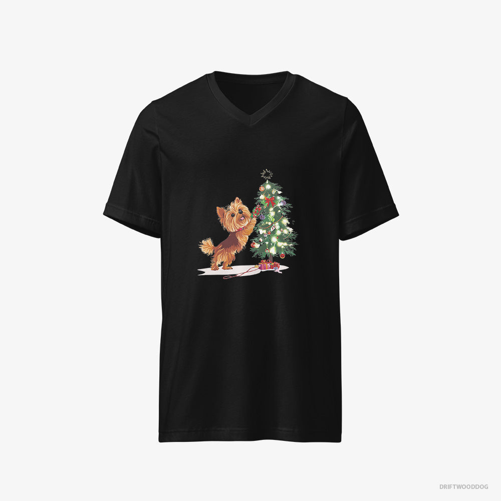 Yorkshire Terrier T-Shirt – Women Black T-Shirt V-Neck – Setting Up the Christmas Tree (on White Background)