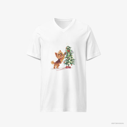 Yorkshire Terrier T-Shirt – Men White T-Shirt V-Neck – Setting Up the Christmas Tree (on White Background)