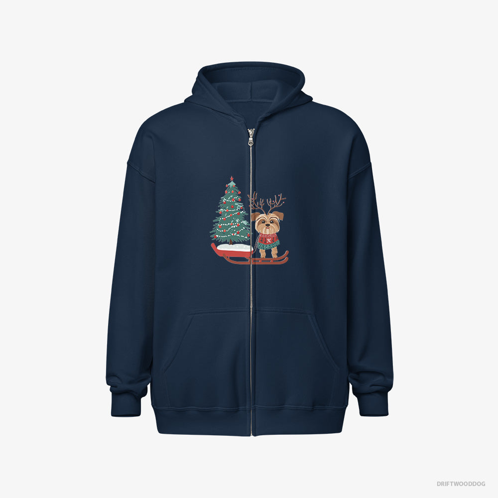 Yorkshire Terrier Hoodie – Men Navy Hoodie Full-Zip – Pulling a Festive Tree on a Sled (on White Background)