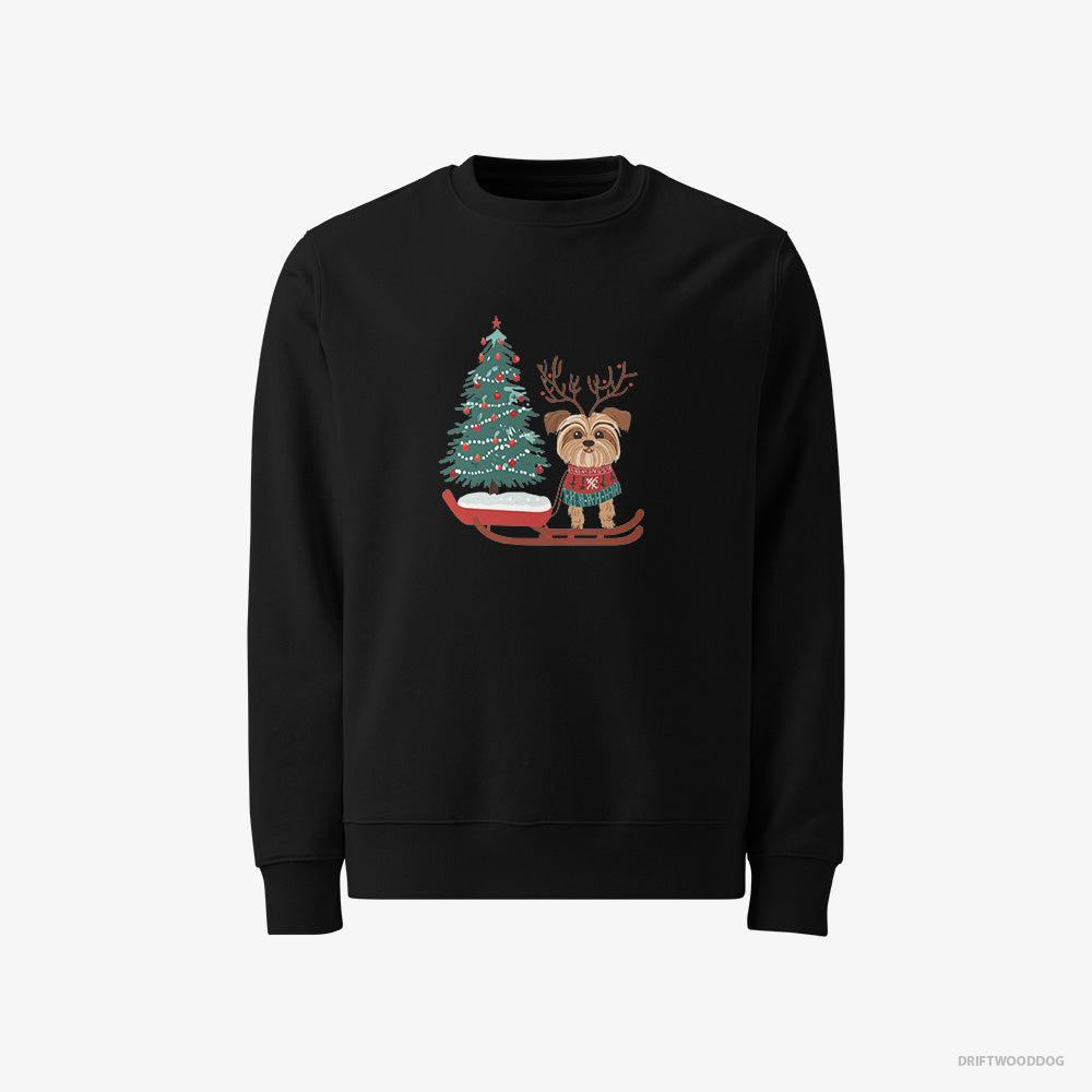 Yorkshire Terrier Sweatshirt – Men Black Sweatshirt Classic – Pulling a Festive Tree on a Sled (on White Background)