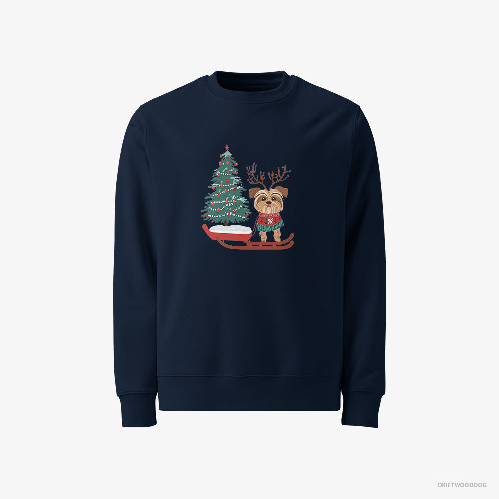 Yorkshire Terrier Sweatshirt – Men Navy Sweatshirt Classic – Pulling a Festive Tree on a Sled (on White Background)