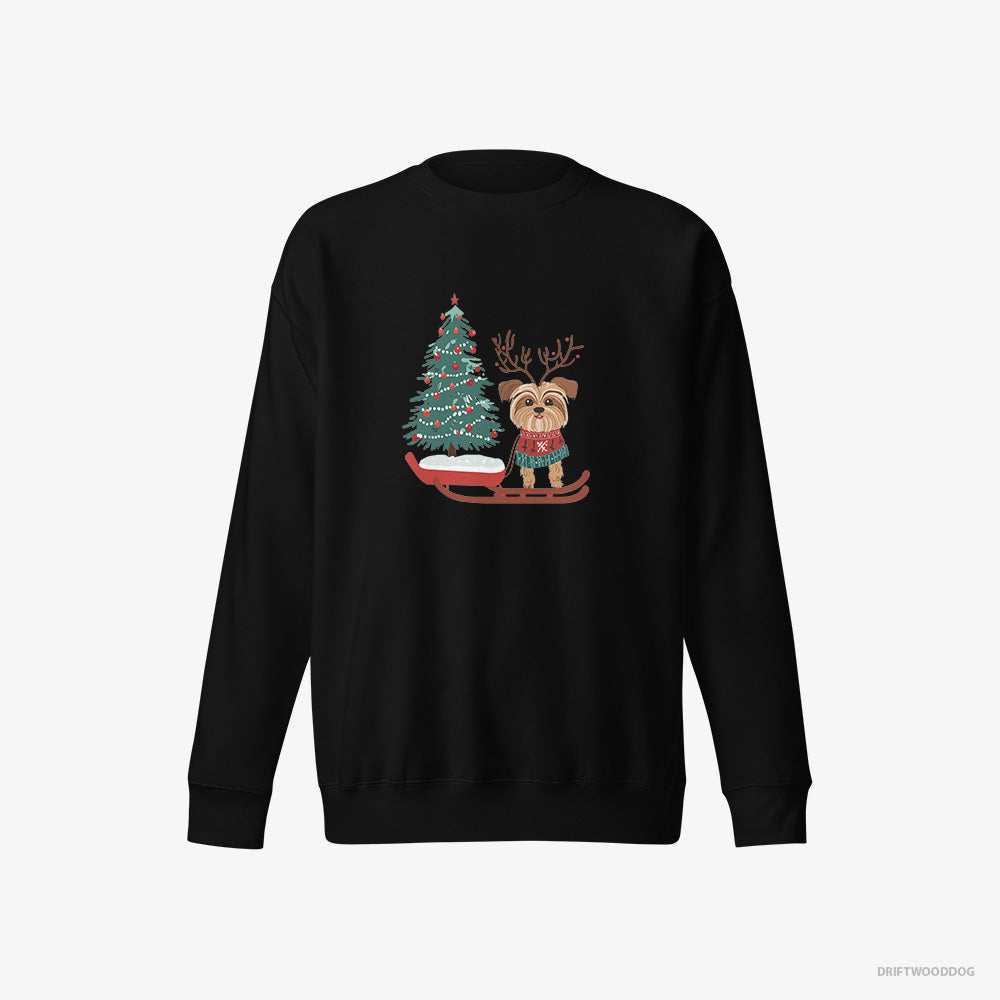 Yorkshire Terrier Sweatshirt – Men Black Sweatshirt Eco-Friendly – Pulling a Festive Tree on a Sled (on White Background)