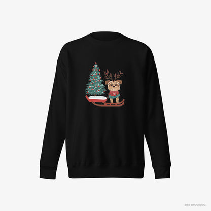 Yorkshire Terrier Sweatshirt – Men Black Sweatshirt Eco-Friendly – Pulling a Festive Tree on a Sled (on White Background)