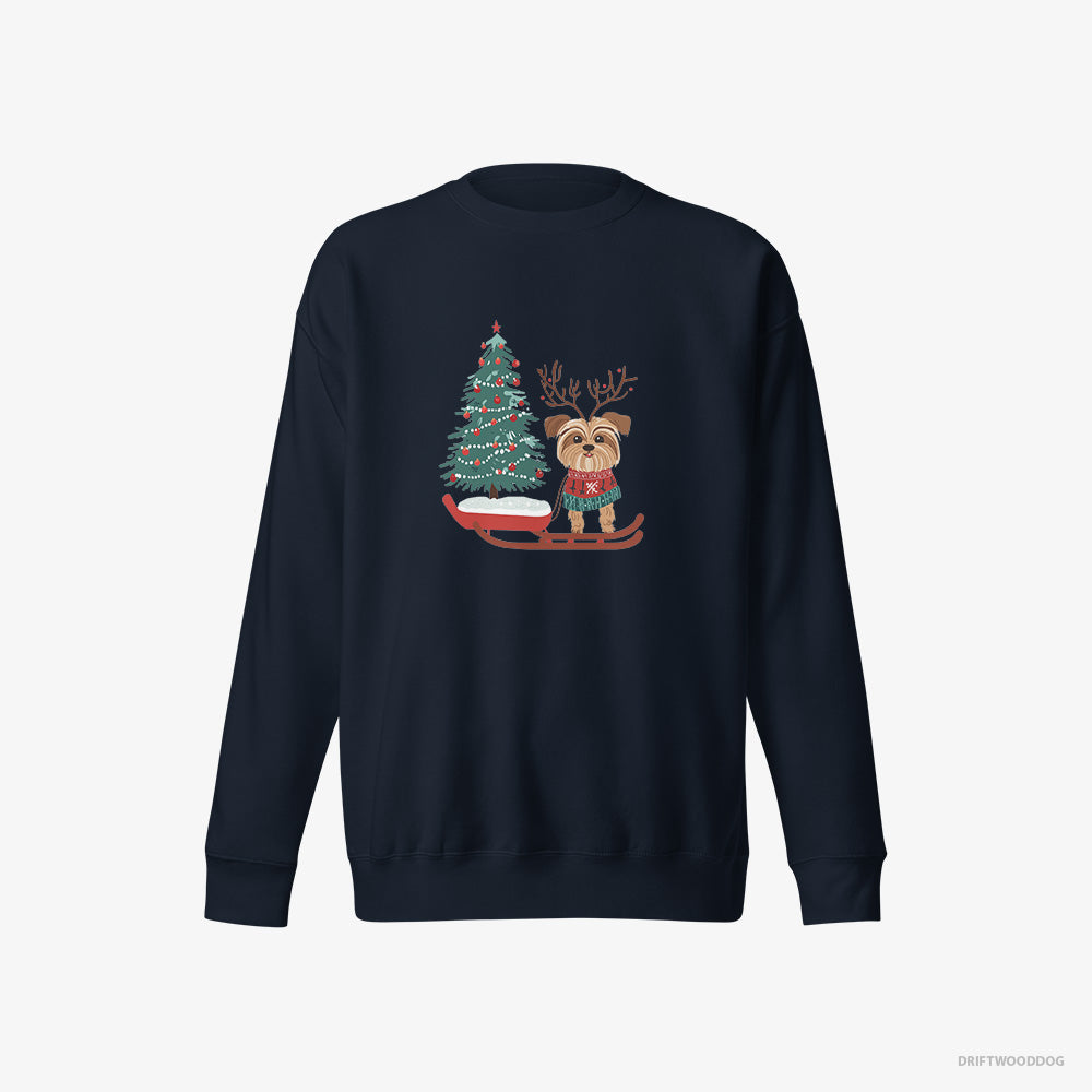 Yorkshire Terrier Sweatshirt – Men Navy Sweatshirt Eco-Friendly – Pulling a Festive Tree on a Sled (on White Background)