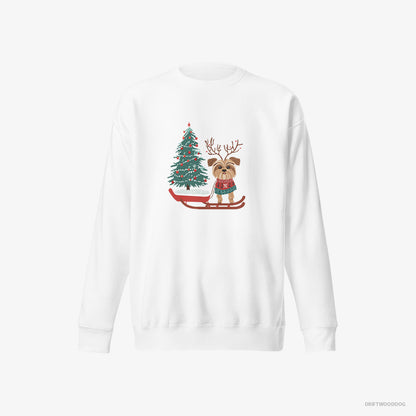 Yorkshire Terrier Pulling a Festive Tree on a Sled White Sweatshirt