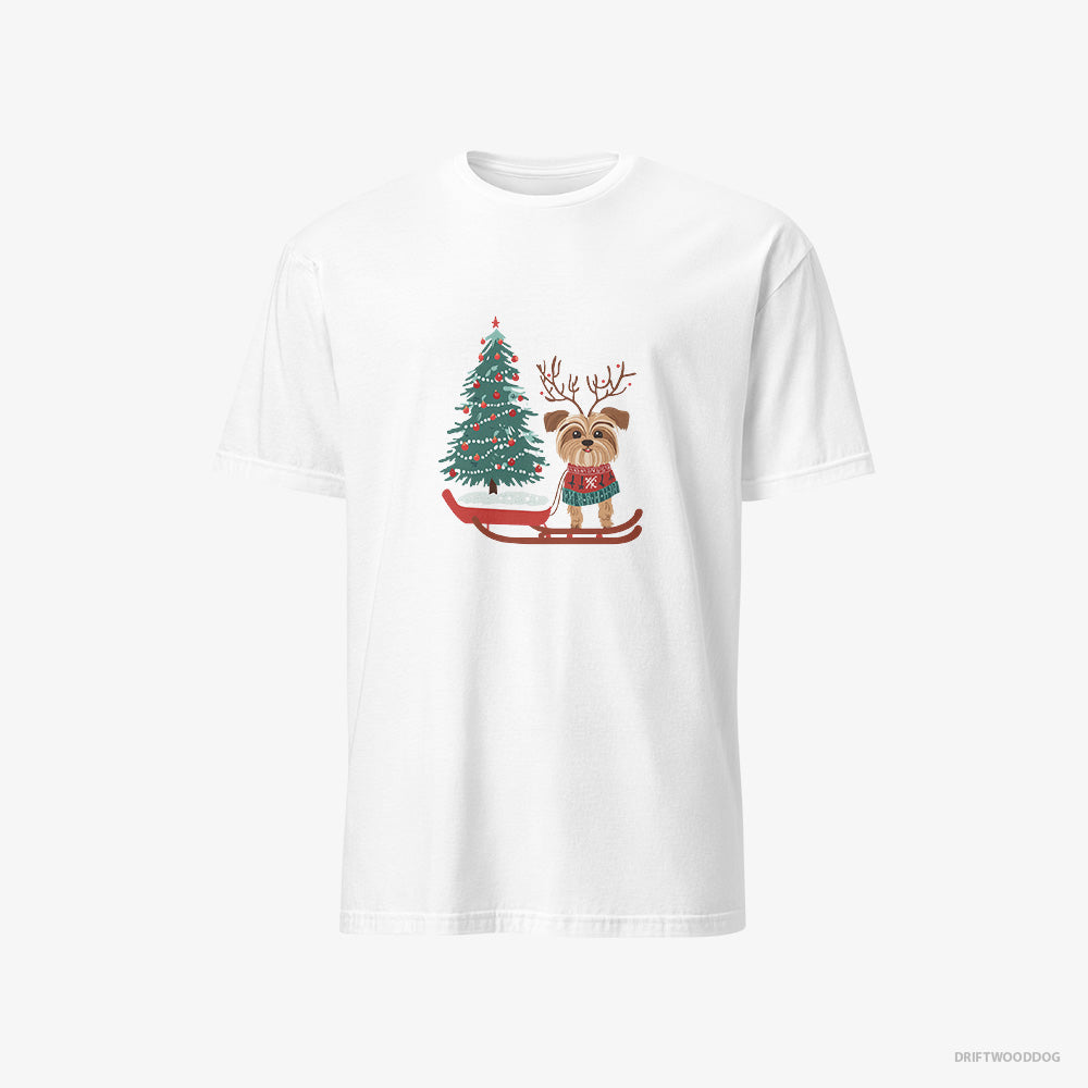 Yorkshire Terrier T-Shirt – Men White T-Shirt Classic – Pulling a Festive Tree on a Sled (on White Background)