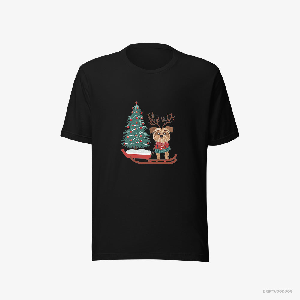 Yorkshire Terrier T-Shirt – Men Black T-Shirt Eco-Friendly – Pulling a Festive Tree on a Sled (on White Background)