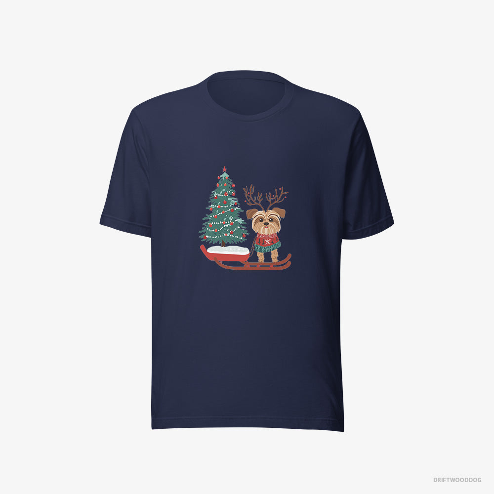 Yorkshire Terrier T-Shirt – Men Navy T-Shirt Eco-Friendly – Pulling a Festive Tree on a Sled (on White Background)