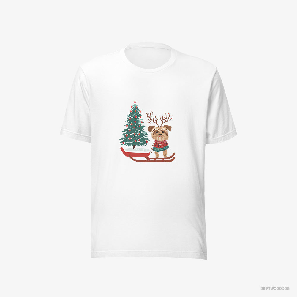 Yorkshire Terrier T-Shirt – Women White T-Shirt Eco-Friendly – Pulling a Festive Tree on a Sled (on White Background)