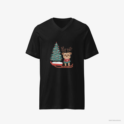 Yorkshire Terrier T-Shirt – Men Black T-Shirt V-Neck – Pulling a Festive Tree on a Sled (on White Background)