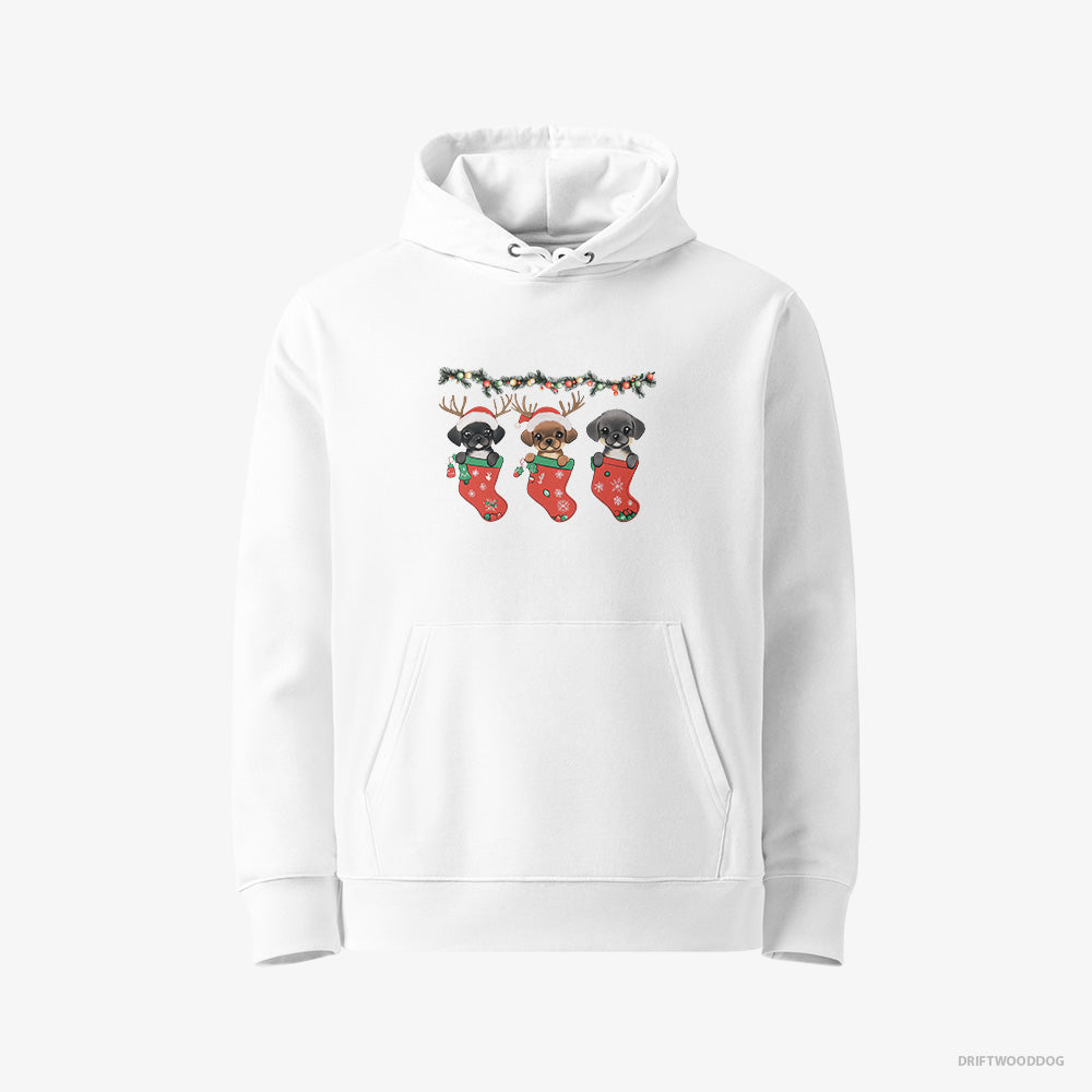 Pug Hoodie – Women White Hoodie Eco-Friendly – Puppies in Christmas Stockings (on White Background)