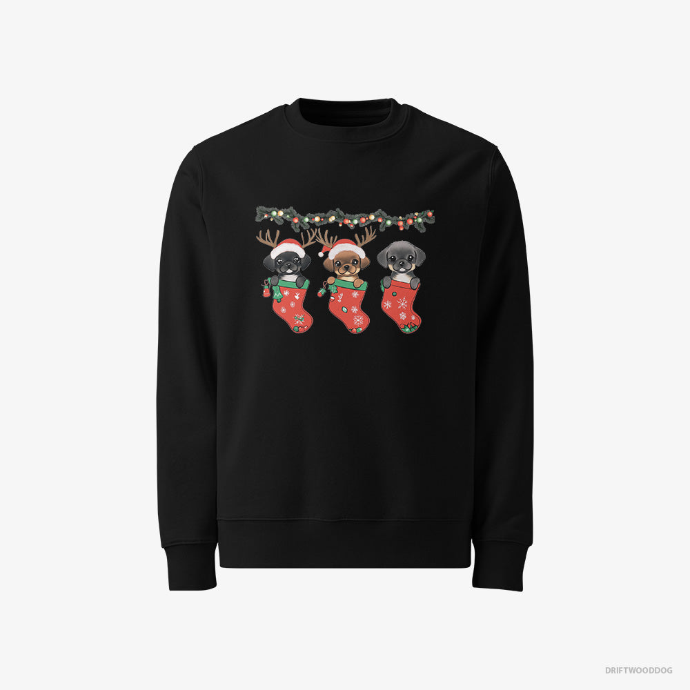 Pug Sweatshirt – Men Black Sweatshirt Classic – Puppies in Christmas Stockings (on White Background)