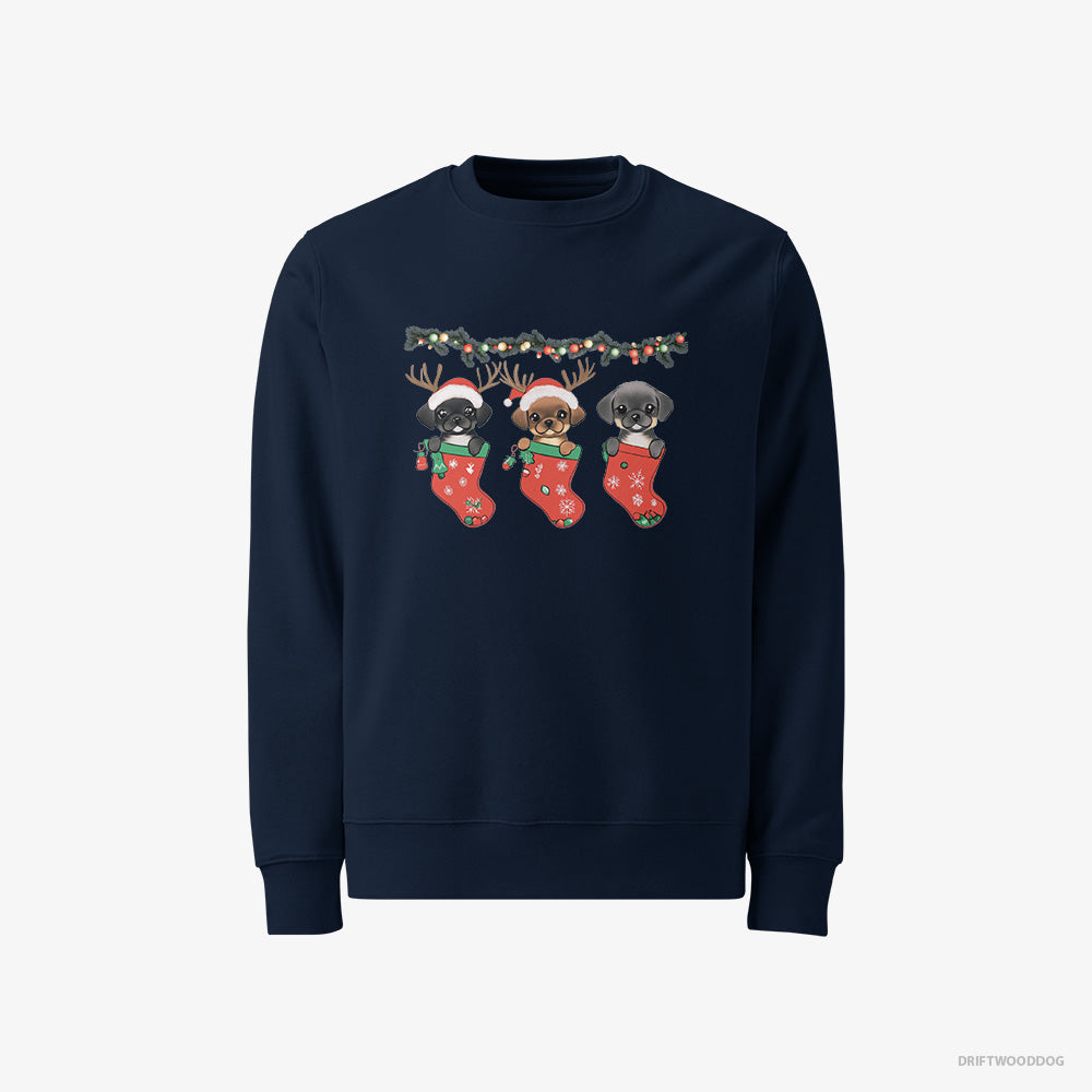 Pug Sweatshirt – Men Navy Sweatshirt Classic – Puppies in Christmas Stockings (on White Background)