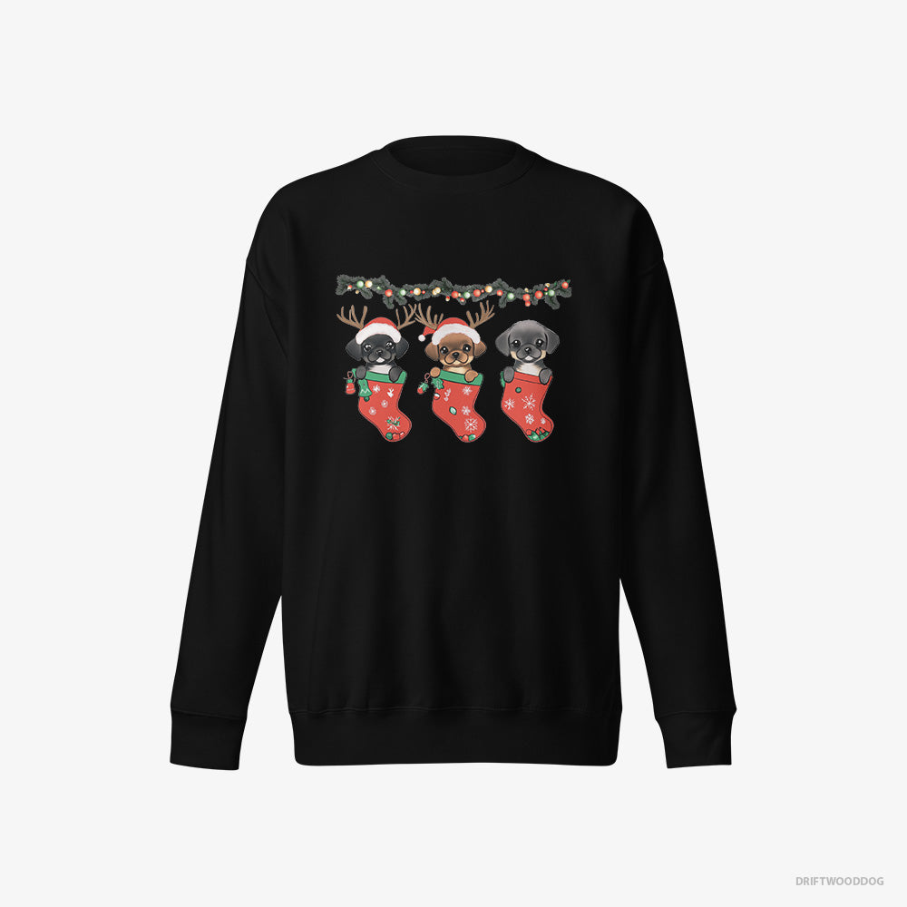 Pug Sweatshirt – Men Black Sweatshirt Eco-Friendly – Puppies in Christmas Stockings (on White Background)