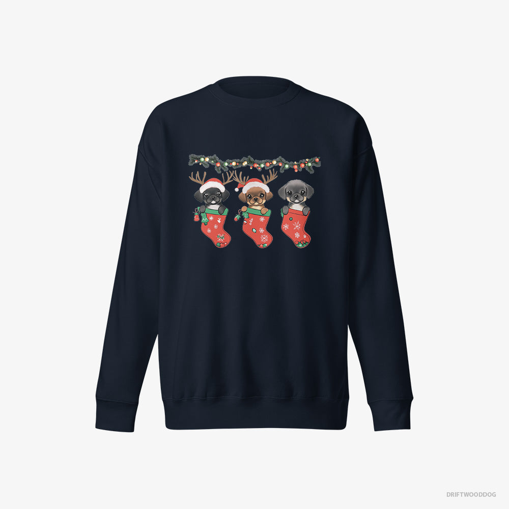 Pug Sweatshirt – Men Navy Sweatshirt Eco-Friendly – Puppies in Christmas Stockings (on White Background)