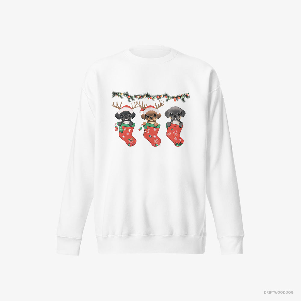 Pug Sweatshirt – Women White Sweatshirt Eco-Friendly – Puppies in Christmas Stockings (on White Background)