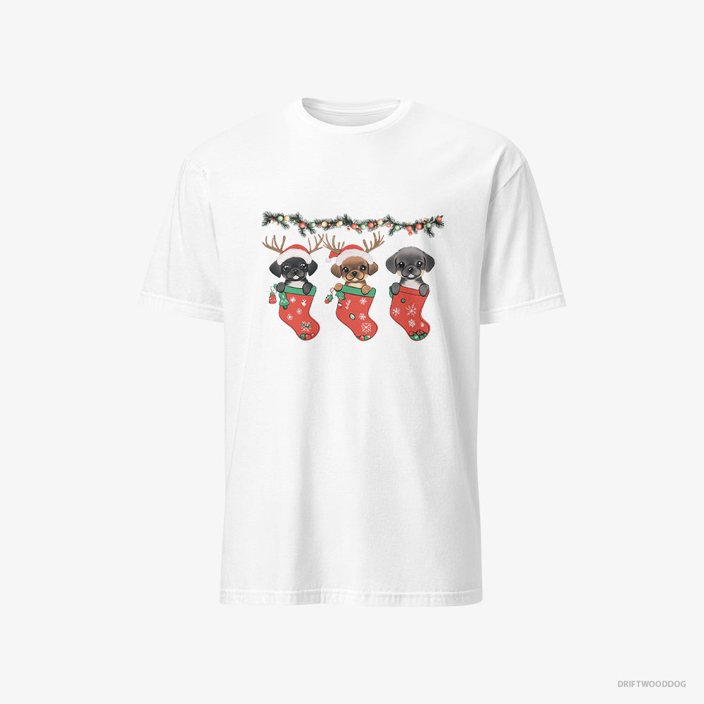 Pug T-Shirt – Men White T-Shirt Classic – Puppies in Christmas Stockings (on White Background)