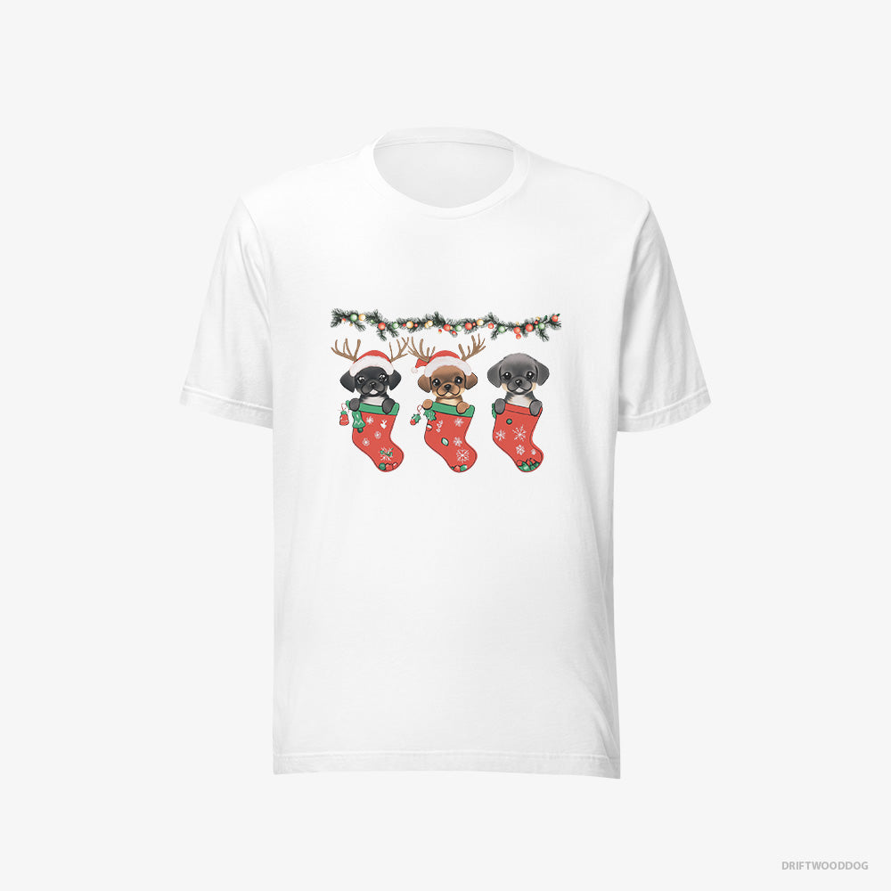 Pug T-Shirt – Women White T-Shirt Eco-Friendly – Puppies in Christmas Stockings (on White Background)