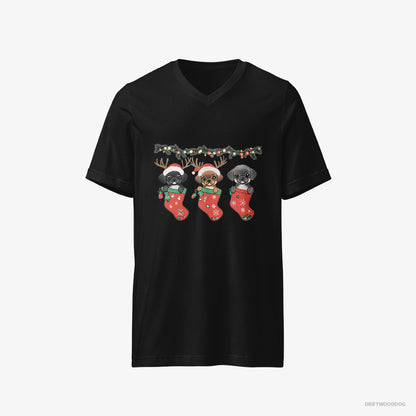 Pug T-Shirt – Men Black T-Shirt V-Neck – Puppies in Christmas Stockings (on White Background)