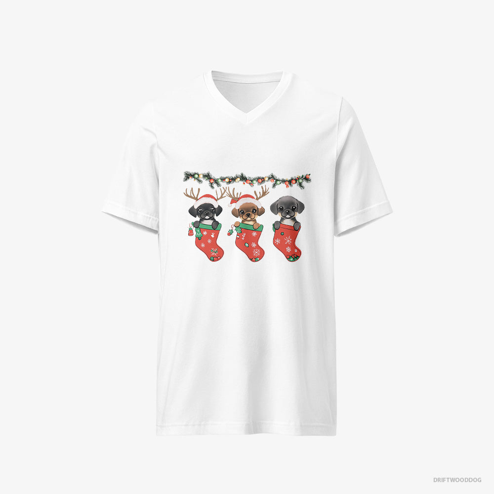 Pug Puppies in Christmas Stockings V-Neck T-Shirt