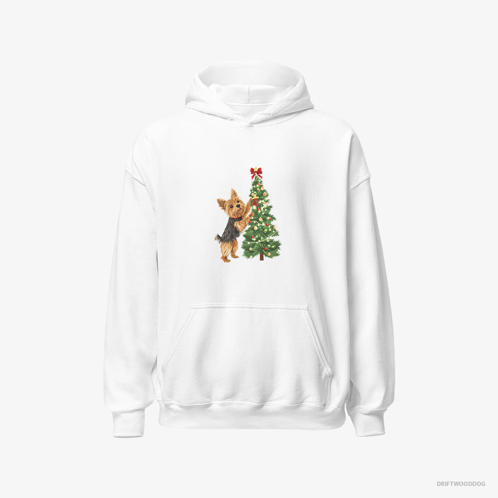 Yorkshire Terrier Hoodie – Women White Hoodie Classic – Putting Ornaments on the Christmas Tree (on White Background)