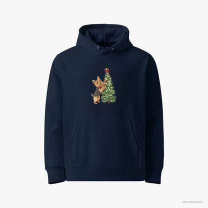 Yorkshire Terrier Putting Ornaments on the Christmas Tree Navy Hoodie