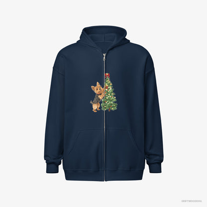 Yorkshire Terrier Putting Ornaments on the Christmas Tree Navy Hoodie