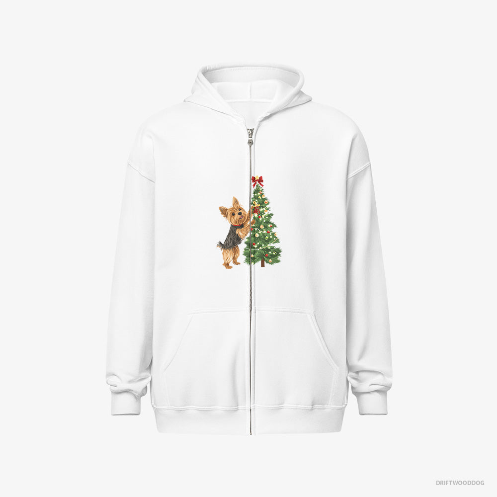 Yorkshire Terrier Hoodie – Men White Hoodie Full-Zip – Putting Ornaments on the Christmas Tree (on White Background)