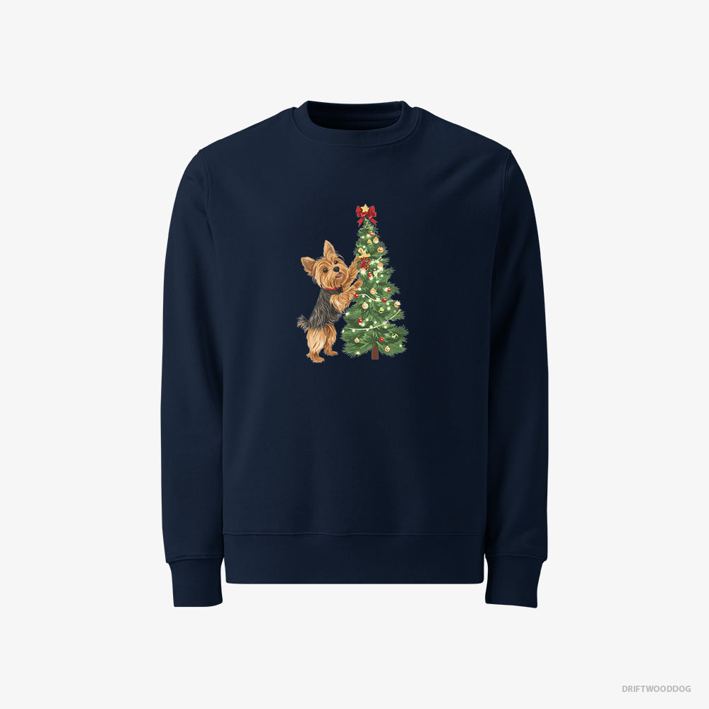 Yorkshire Terrier Sweatshirt – Men Navy Sweatshirt Classic – Putting Ornaments on the Christmas Tree (on White Background)