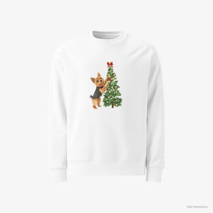 Yorkshire Terrier Putting Ornaments on the Christmas Tree White Sweatshirt