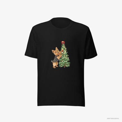 Yorkshire Terrier Putting Ornaments on the Christmas Tree Black T-Shirt