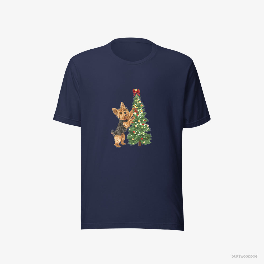 Yorkshire Terrier T-Shirt – Men Navy T-Shirt Eco-Friendly – Putting Ornaments on the Christmas Tree (on White Background)