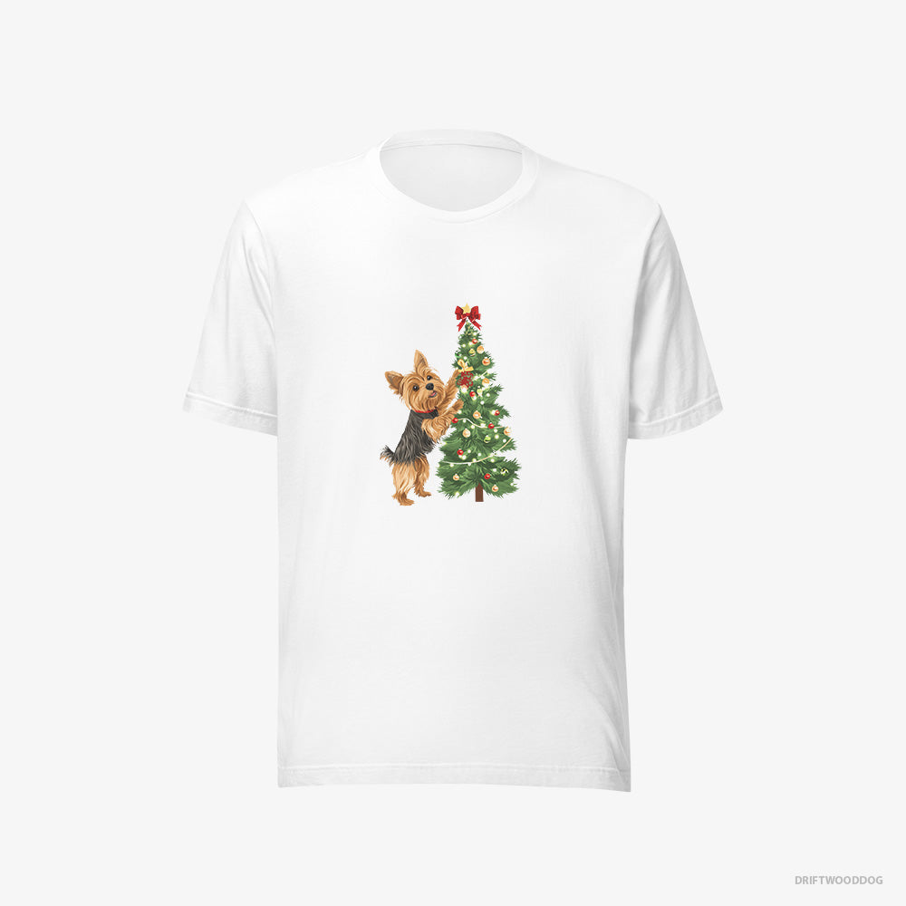 Yorkshire Terrier T-Shirt – Men White T-Shirt Eco-Friendly – Putting Ornaments on the Christmas Tree (on White Background)