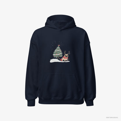 Pug Dragging a Christmas Tree Navy Hoodie