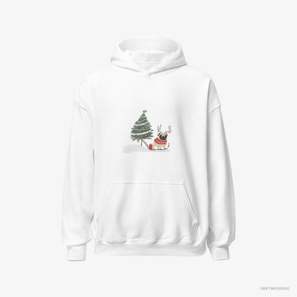 Pug Hoodie – Men White Hoodie Classic – Dragging a Christmas Tree (on White Background)