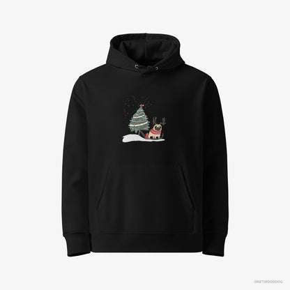 Pug Hoodie – Men Black Hoodie Eco-Friendly – Dragging a Christmas Tree (on White Background)