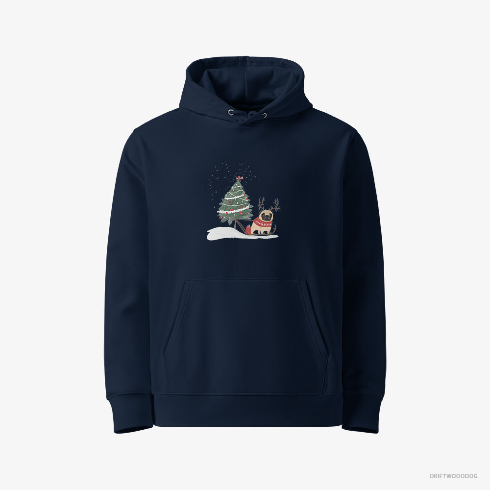 Pug Hoodie – Women Navy Hoodie Eco-Friendly – Dragging a Christmas Tree (on White Background)