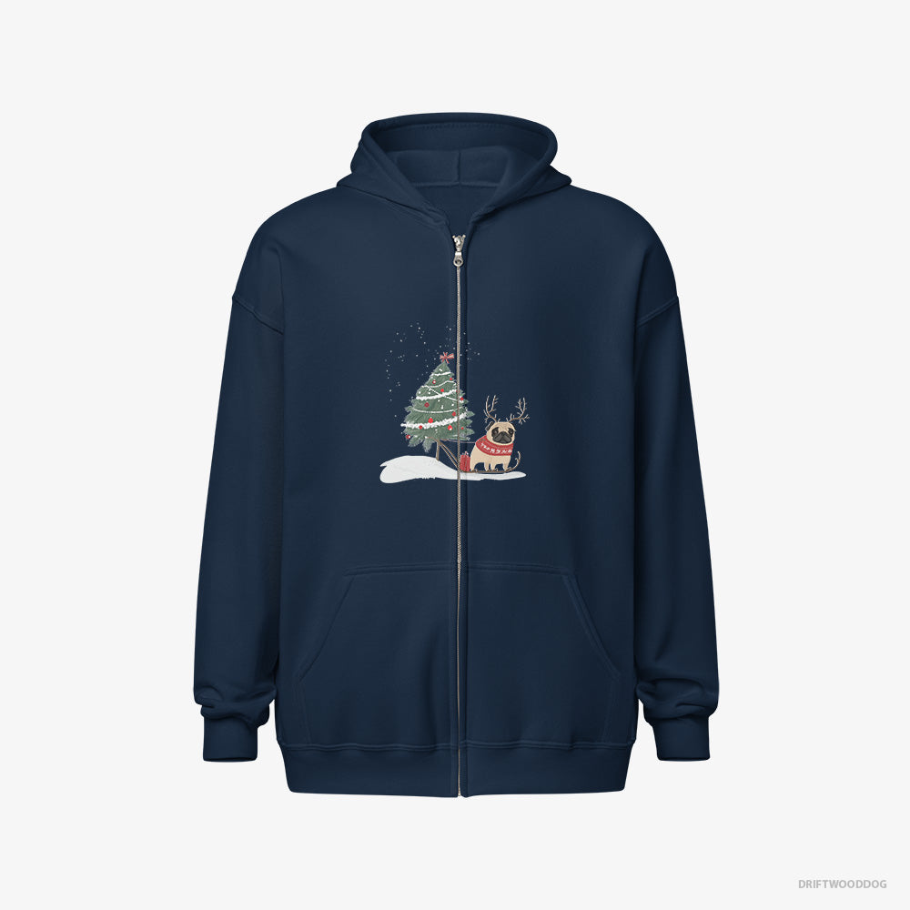 Pug Hoodie – Men Navy Hoodie Full-Zip – Dragging a Christmas Tree (on White Background)