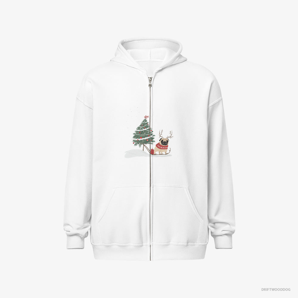 Pug Hoodie – Men White Hoodie Full-Zip – Dragging a Christmas Tree (on White Background)