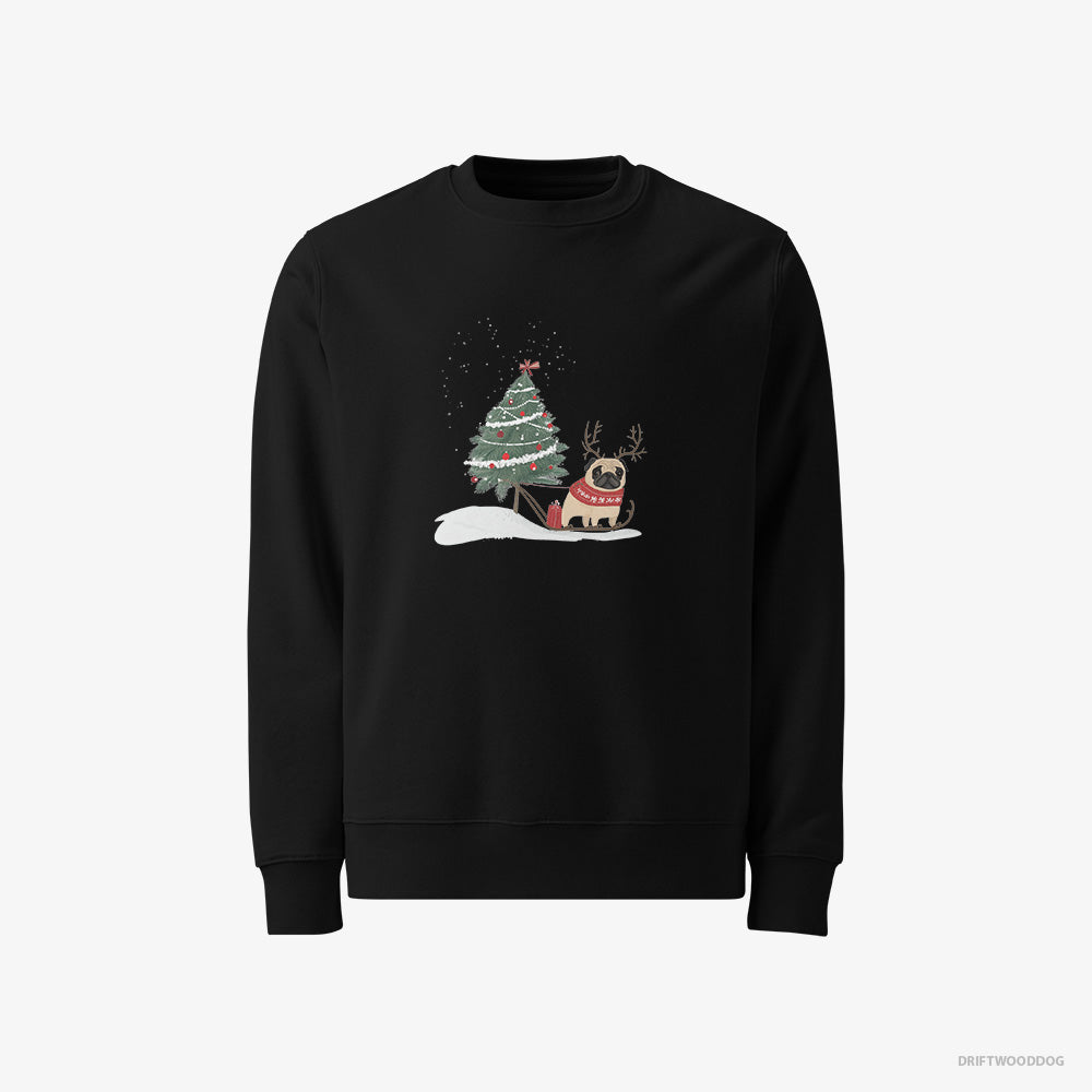 Pug Sweatshirt – Men Black Sweatshirt Classic – Dragging a Christmas Tree (on White Background)