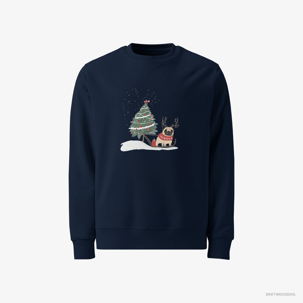 Pug Sweatshirt – Men Navy Sweatshirt Classic – Dragging a Christmas Tree (on White Background)