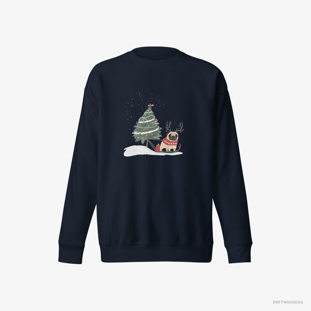 Pug Sweatshirt – Men Navy Sweatshirt Eco-Friendly – Dragging a Christmas Tree (on White Background)